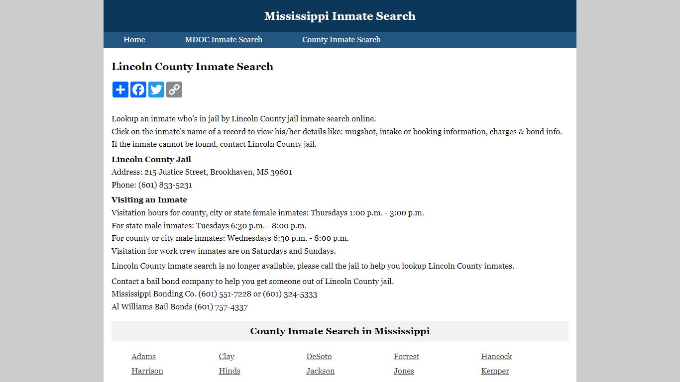 Lincoln County Inmate Search - Mississippi Inmate Search