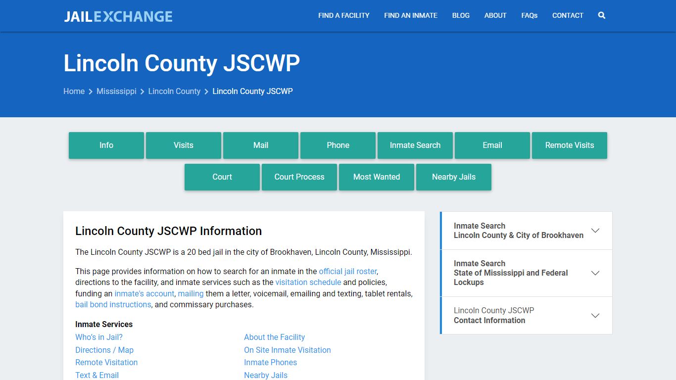 Lincoln County JSCWP, MS Inmate Search, Information - Jail Exchange